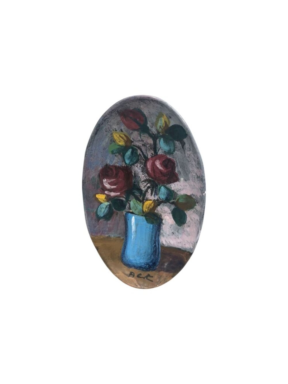 Beautiful Bouquet of Rose Greenery Blue Vase Hand Painted Ceramic Oval Picture M